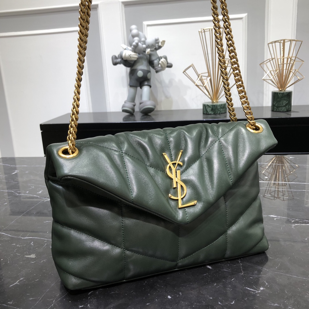 Saint Laurent Loulou Puffer Small Lambskin Shoulder Bag Handbag Dark Green 577476 Gold